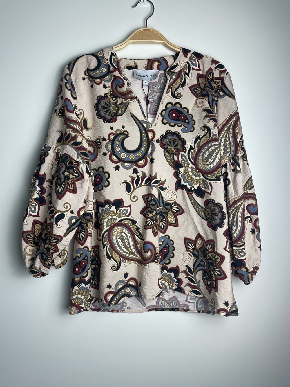 Paisley V-Neck Balloon Sleeve Blouse - Beige/Multi - Picture 2 of 7